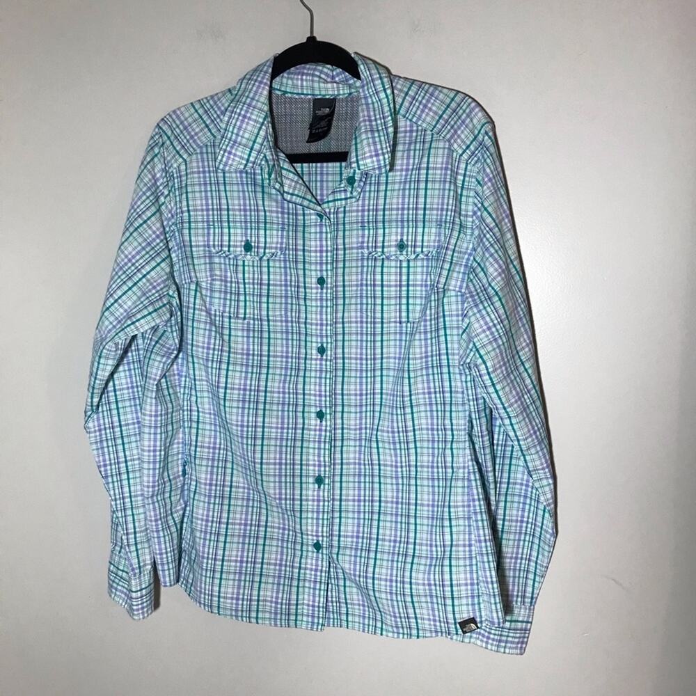 North Face XL green purple plaid button up shirt quick dry mesh long sleeve gorp